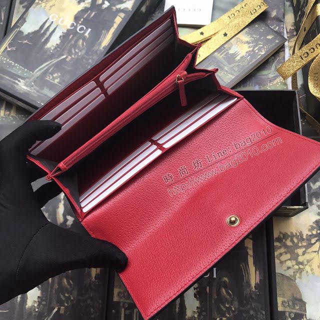 Gucci錢包 古馳新款原單Sylvie全拉鏈式皮夾 玫瑰花刺繡 Gucci長錢包 476083黑色全皮  gdj1108